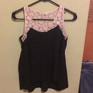 White crochet lace and black flowy tank top
